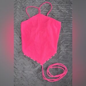 Wild Fable Vibrant Pink Juniors Ribbed Top Sz XXL 💖 Lettuce trim adjustable V